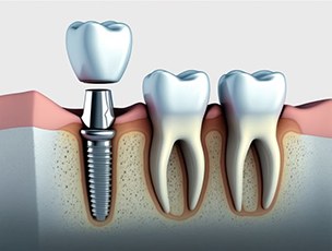 Illustration of dental implant next to natural teeth