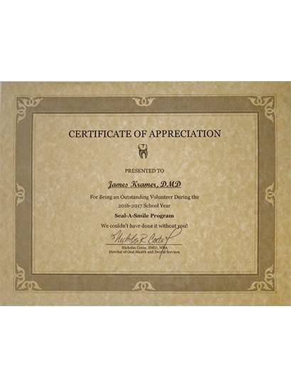 Certificate of appreciation for Doctor James Kramer from Seal a Smile Program