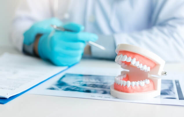 Dentist sitting at desk with paperwork and model of dentures