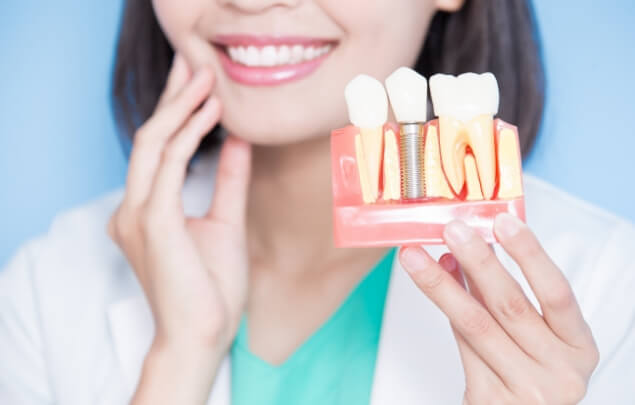 Smiling dentist holding a model of a dental implant