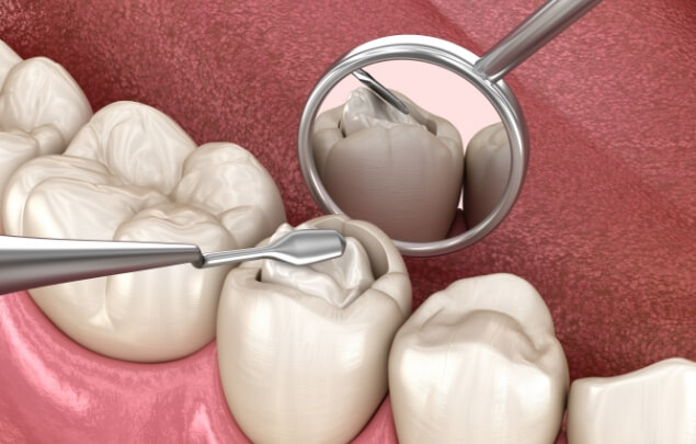 Illustration of white filling being placed inside of a tooth