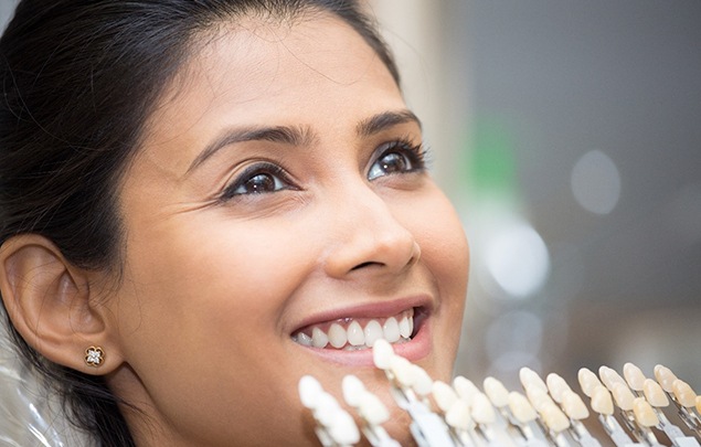 A dentist using a shade guide to determine the appropriate color of a female patients veneers