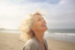 older woman smiling on the beach